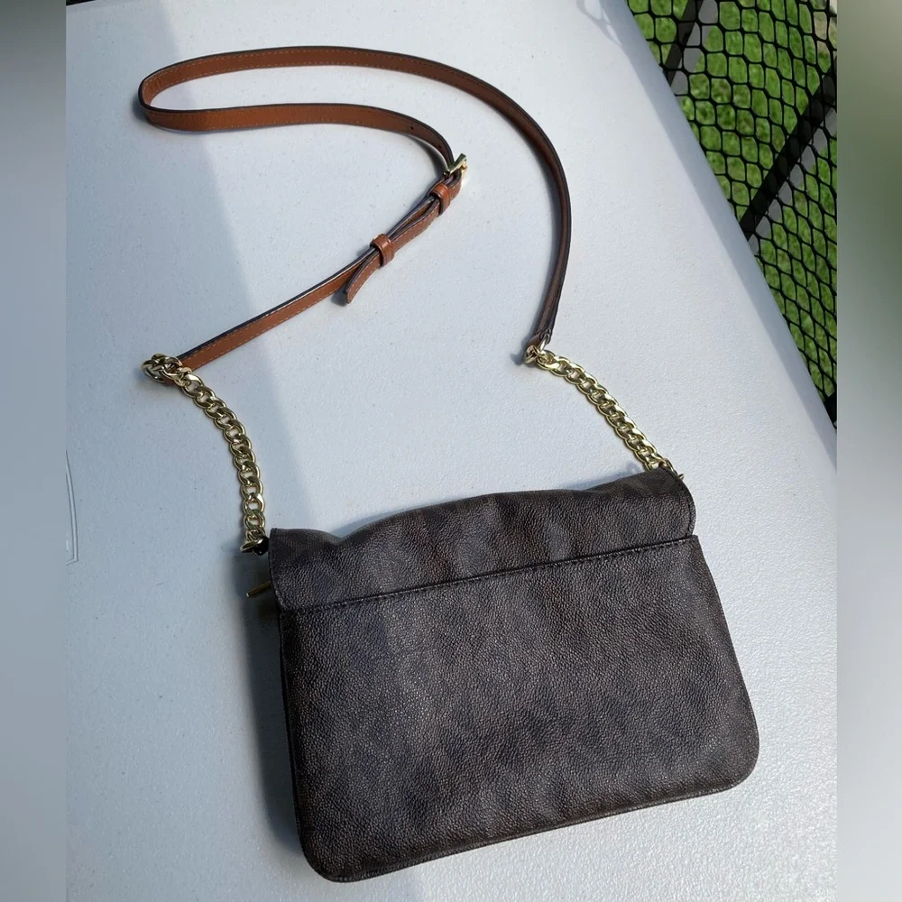 Michael Kors Brown Fulton Flap Gusset Crossbody Brown Envelope Purse Gold Chain